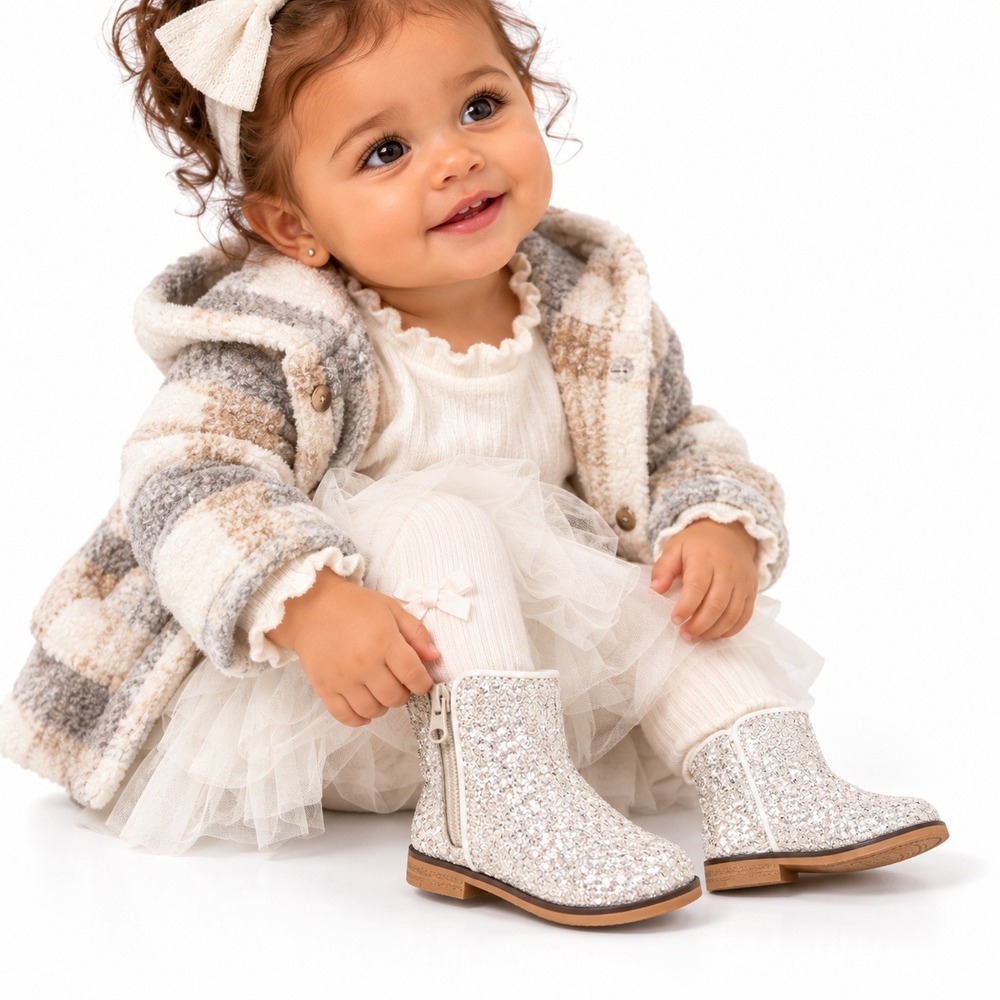 Cat & Jack Priya Glitter Booties Baby Girl Size 5 Silver Ankle Boots Side Zip